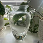 Steuben Signed Crystal Scroll Handled Vase 9.75” Heavy Optical Glass Urn Amphora