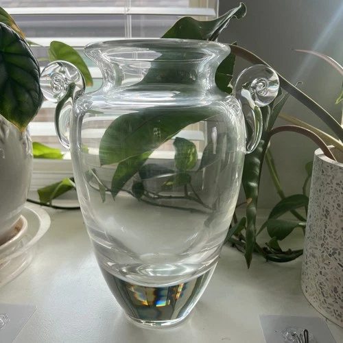 Steuben Signed Crystal Scroll Handled Vase 9.75” Heavy Optical Glass Urn Amphora