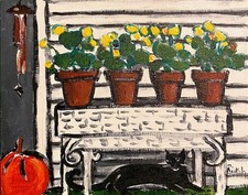 Original Acrylic Painting, Front Porch with Black Cat, Fauvism