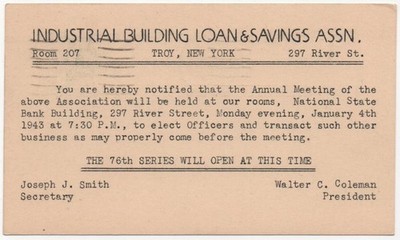 TROY NY Postal Card INDUSTRIAL BUILDING LOAN/SAVING ASSN National State Bank Bld