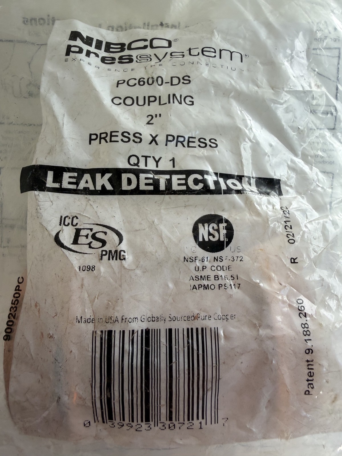 NIBCO PressSystem PC600-DS 2" Copper Press Coupling Leak Detection Press x Press