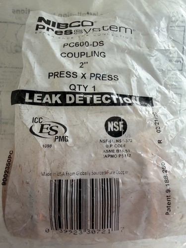NIBCO PressSystem PC600-DS 2" Copper Press Coupling Leak Detection Press x Press
