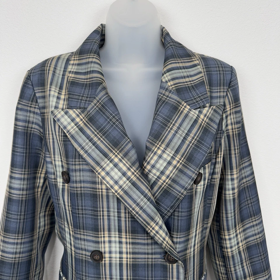 Chaqueta Avec Les Filles Mujer Mediana Azul A Cuadros Larga Trinchera Doble Pecho DEFECTUOSA Foto 4 de 4