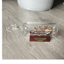 Golden Hind Ship Model Glass Bottle Ornament with Wooden Base