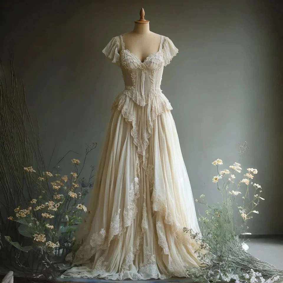 Vintage A-Line Wedding Dresses Boat Neck Short Sleeve Lace Ruffled Bridal Gowns - Image 2 of 4