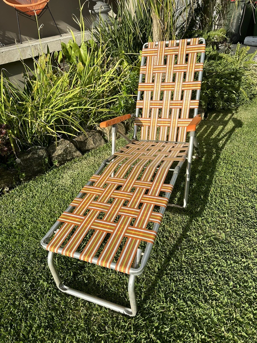 Vintage 1960s Webbed Chaise Tri Fold Lawn Lounge Chair Orange