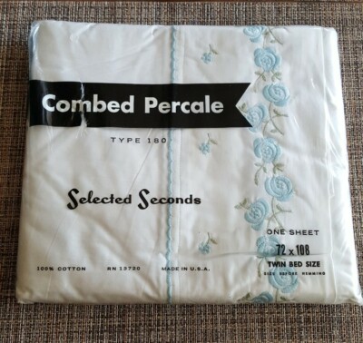 Vintage NEW Selected Seconds Blue Floral Twin Bed Sheet 72 x 108