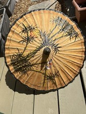 Vintage Parasol Umbrella Thai Japanese Rice Paper Oil Woodpecker Bamboo motif