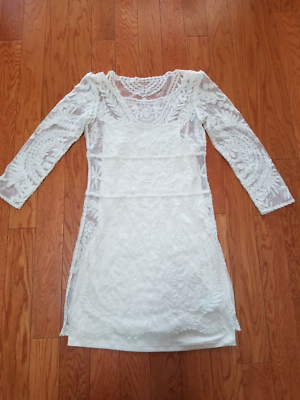 Express XS Dress Long Sleeve Lace Embroidered Lined Mini Midi Cream Ivory |  eBay