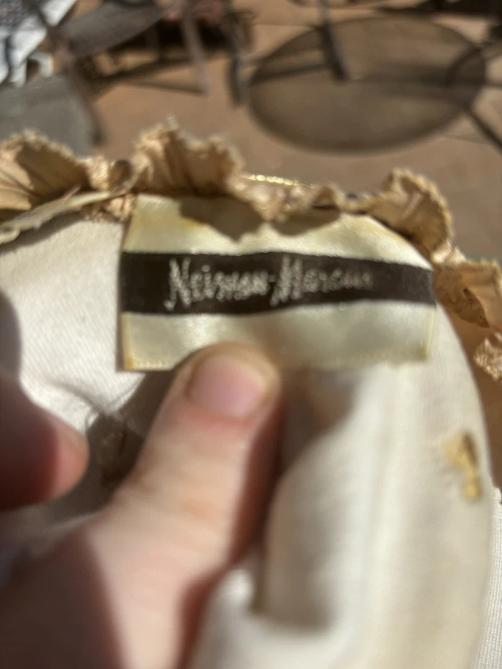 Mary McFadden Couture Fortuny Pleat Evening Gown Size 12 Beige With Gold Trim - Image 3 of 4