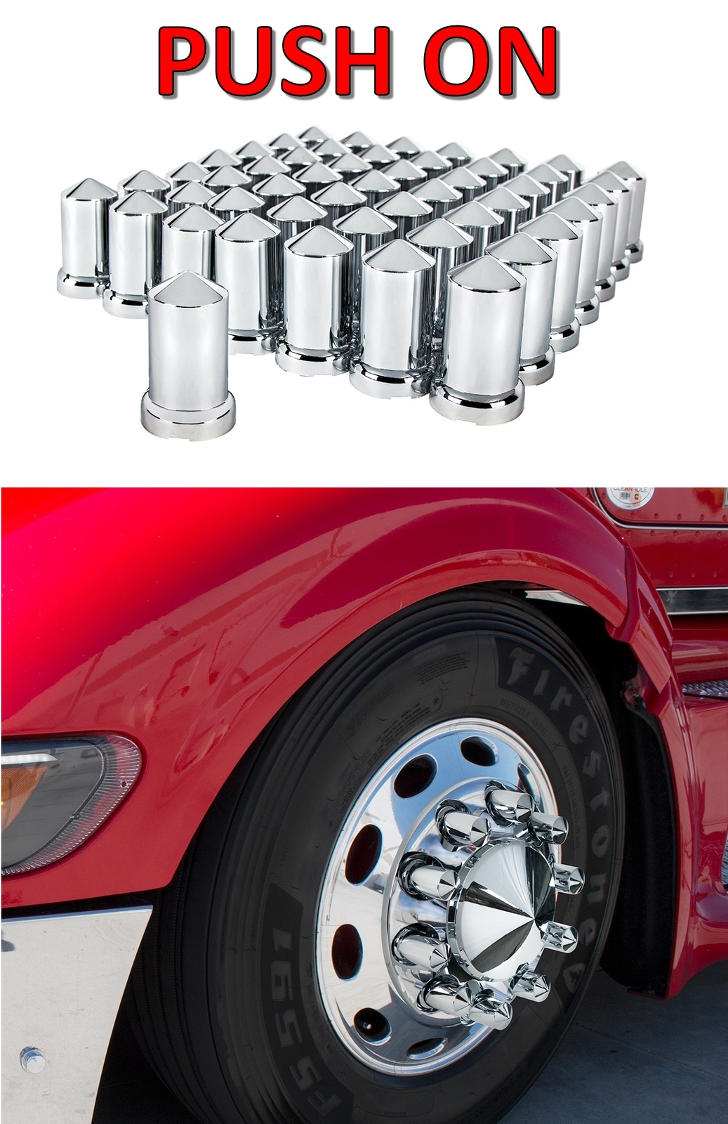 (Set/60) Chrome Pointed Lug Nut Covers 33mm PushOn (33/16" Tall) 60