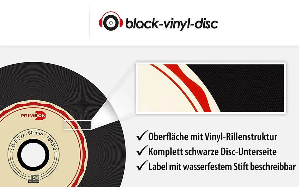 1x50 PRIMEON CD-R  80Min 700MB 52x Black-Vinyl-Disc Cakebox 2761108 NEU 008-360 - Bild 3 von 3