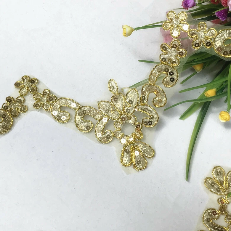 1 Yard Sequins Lace Trim Gold Flower Ribbon Applique DIY Wedding Clothing Edge - Image 3 of 4