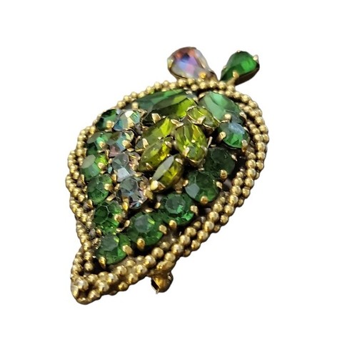 Vintage 60er Jahre weiße Brosche grün Strass vergoldet Seil Retro Träne Tropfen Boho - Bild 3 von 10