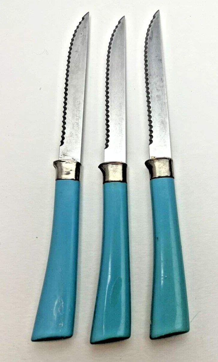 3 Vintage FORGECRAFT Stainless Kitchen Serrated Knives Blue Handle USA Made