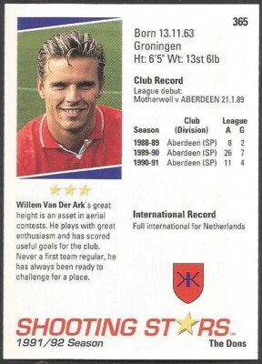 Shooting stars 1991-1992 オランダリーグ サッカーカード SHOOTING STARS-1991-92- #365-ABERDEEN & NETHERLANDS-WILLEM VAN DER