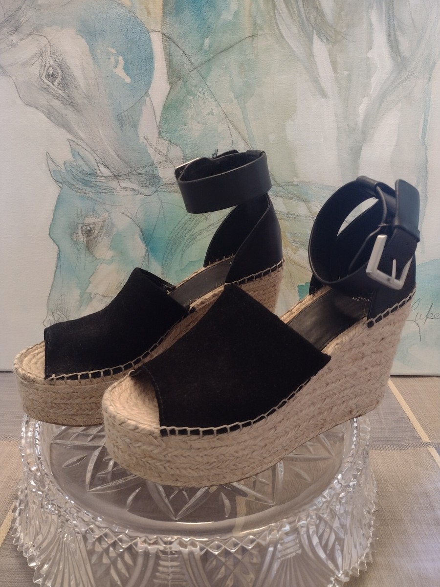 Marc Fisher MLAdalyn Black Leather Suede Espadrille Wedge