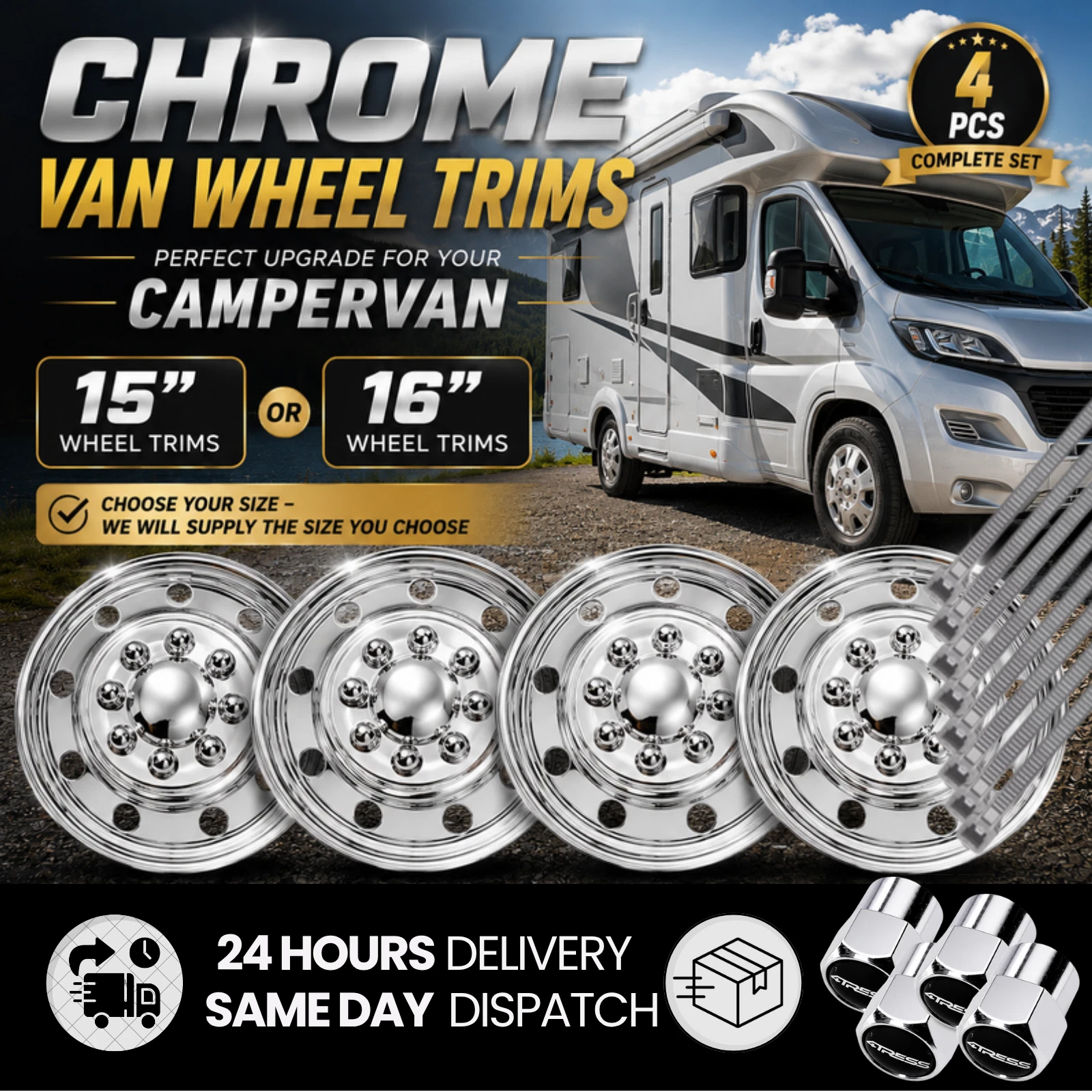 Chrome deep dish campervan and van wheel trims