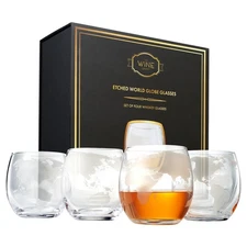 Etched World Globe Glasses 10 oz -Set of 4, Wine, Whiskey, Scotch, Vodka Wate...