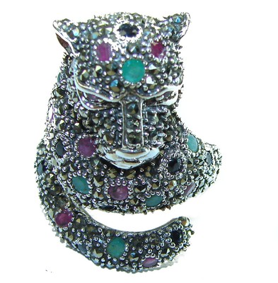 Markasit Rubin Smaragd Saphir Panther Ring 0,925 Silber Große Größe: 9