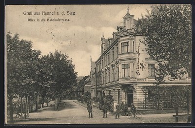 Postcard Hennef a. d. Sieg, Bahnhofstrasse with Station Hotel in the Eckhaus 