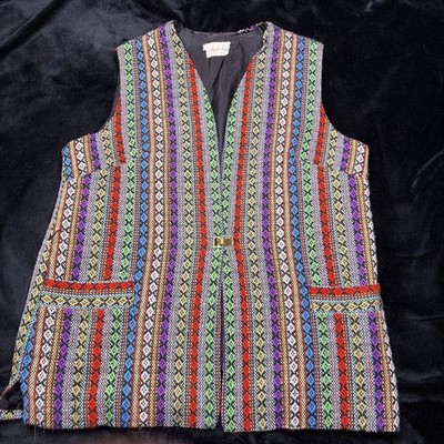 Vtg 60s Ample Togs California Wool Vest Hippie Boho Rainbow Colorful Clasp Front