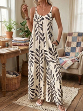 Women's Wide-Leg Jumpsuit With Tropical Plant Print - Vacation Concert Costume