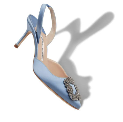 Manolo Blahnik HANGISLIight Blue Satin Jewel Buckle Slingback Pumps