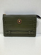 NWT Authentic Versace Medusa Croc Embossed Leather Clutch Green Gold Hardware
