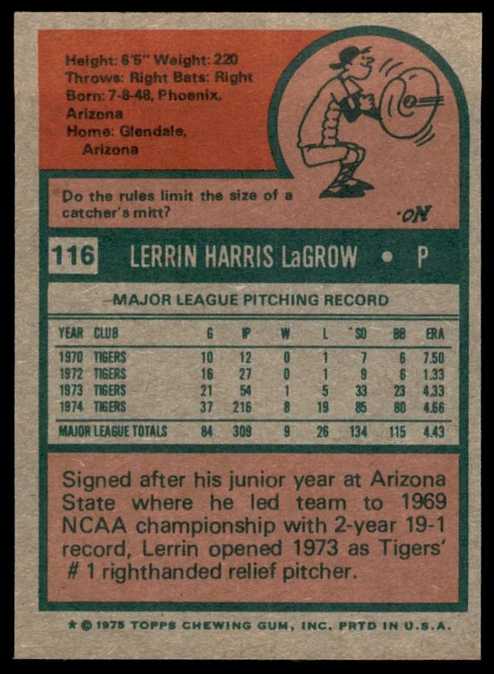1975 Topps Set Break Lerrin LaGrow #116 NM-MT or BETTER - Image 2 of 2