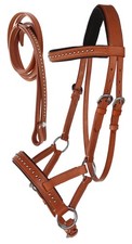 Horse Western Leather Training Tack Bitless Sidepull Bridle w/ Reins 7708TN-F