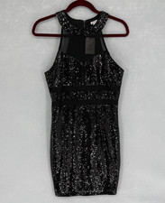 Guess Dress Women Large Black Sequin Halter Bodycon Mesh Mini Cocktail Party New