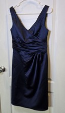 Deep Navy Blue David's Bridal Dress Short Sleeveless Women's Sz 6 Vneck Gathered