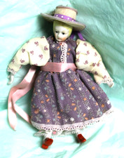 VINTAGE 5 1/4" DOLL ORIGINAL SOFT BODY CERAMIC HEAD, HANDS, FEET W/HAT