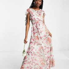 Hope & Ivy Eimear Floral Maxi Dress Flutter Sleeve Cream Pink Size 14 NWT