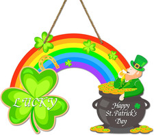 St. Patrick's Day Rainbow Shamrock Wreath Sign for Front Door Decor
