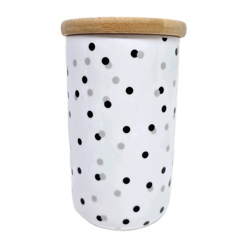 Polka Dot Ceramic Canister with Wooden Lid Daffodil Homestead Love is Patient - Picture 3 of 13