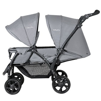 Foldable Double Baby Stroller Stand On Front & Back Seats Pushchair Gray