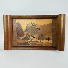Vtg Marquetry Wood Tray/ Wall Hanging 15x8.5 Inlaid House In Valley Made England