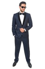 Slim Fit Men Shawl 1 Button Velvet Lapel Navy Blue Tuxedo / Fashion Suit By AZAR