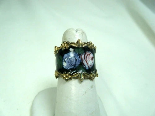 VINTAGE HAND PAINTED BLACK AND PINK ENAMEL ROSE  GOLD OVER STERLING RING SIZE 6
