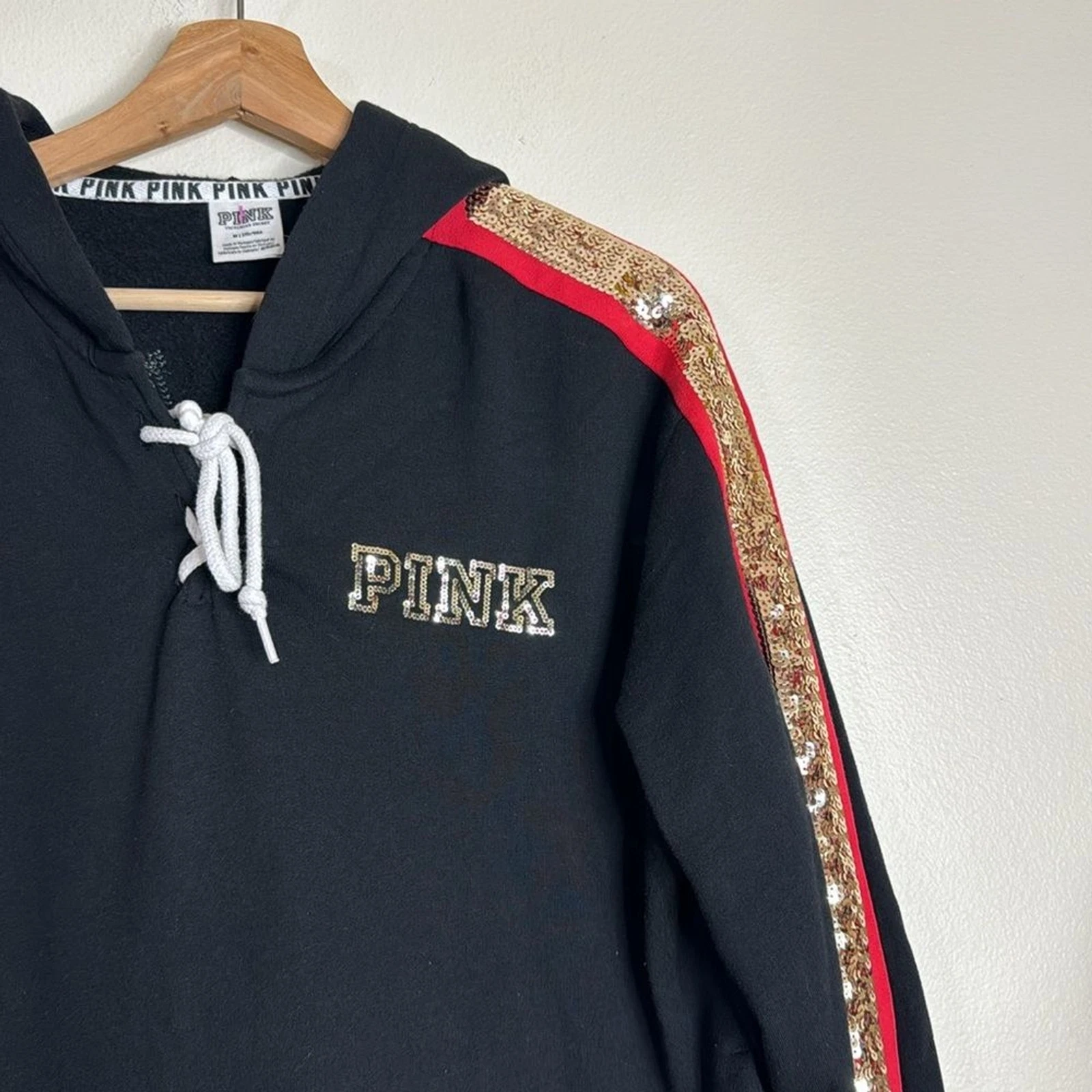 UNDERCOVER Felpa con cappuccio Victoria Secret rosa donna amore rosa stringata nera taglia media rose paillettes