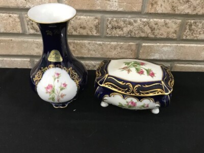 LINDNER KUEPS ECHT COBALT BLUE BAVARIA PORCELAIN GILT set of 2 Vase Covered Dish