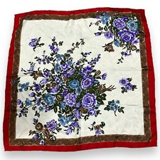 Silk Scarf -Ivory, Red, Purple Floral Square Hand Rolled Hem 30  X 31  