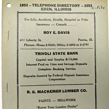 1953 Eden Illinois Rural Telephone Directory Hanna City Peoria IL Trivoli Vtg 7G