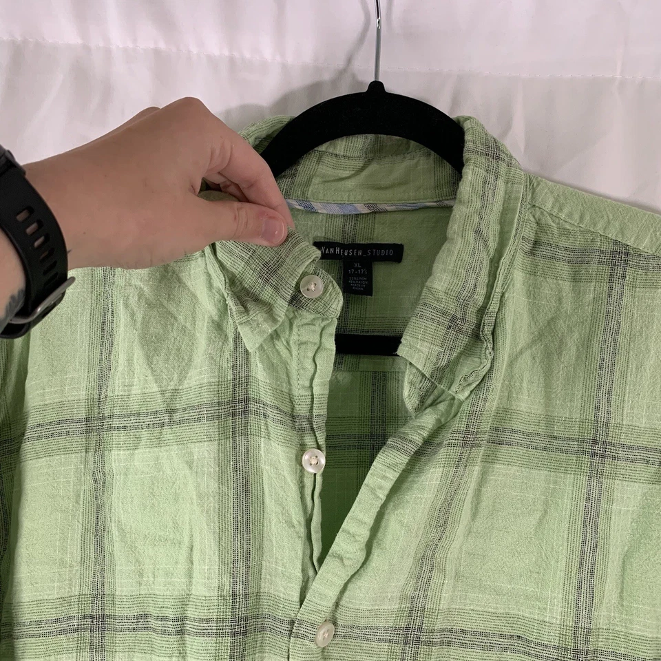 Camisa polo Van Heusen mezcla de lino para hombre XL verde a cuadros con botones manga corta Foto 3 de 4