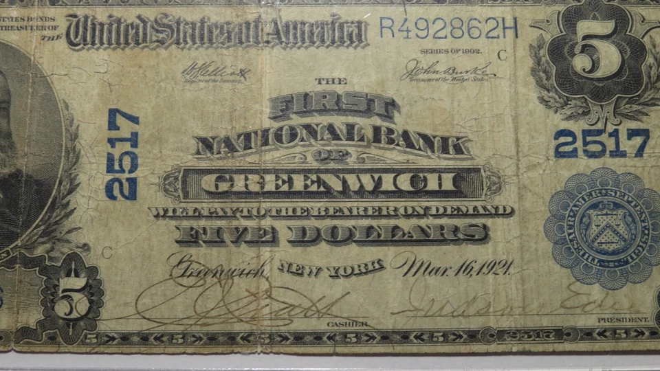 $5 1902 Greenwich New York NY National Currency Bank Note Bill Ch #2517 F12 PCGS - Image 3 of 4