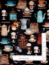 Coffee Pot Cup Fabric Cafe Kitchen Barista by Dan Morris Cotton QT By The Yard