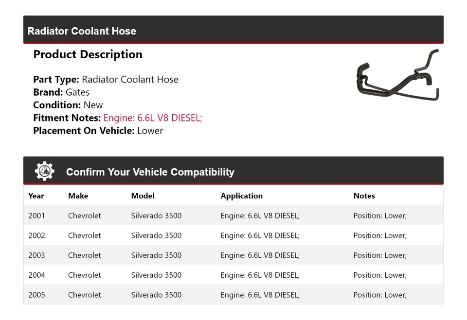 Manguera de refrigerante de radiador puertas inferiores 2002 para Chevrolet Silverado 3500 2001-2005 Foto 2 de 4