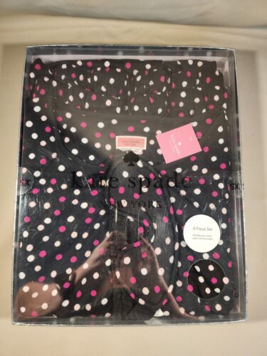 New Kate Spade 4 Piece Pajama Set Size XS Black With White And Pink Polkadot F1